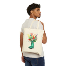 Load image into Gallery viewer, Wading into bloom shopping tote, Garden boot with flowers reusable canvas bag