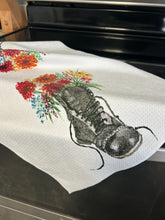 Load image into Gallery viewer, Marching into bloom microfiber kitchen towel, Combat boot with flowers tea towel