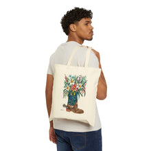 Load image into Gallery viewer, "Spurred into bloom" shopping tote, Cowboy boot with flowers reusable canvas bag