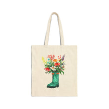 Load image into Gallery viewer, Wading into bloom shopping tote, Garden boot with flowers reusable canvas bag