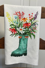 Load image into Gallery viewer, Wading Into Bloom microfiber towel, Garden boot with flowers tea towel