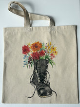 Load image into Gallery viewer, Marching into bloom shopping tote, Army boot reusable canvas bag
