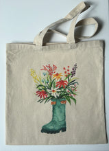 Load image into Gallery viewer, Wading into bloom shopping tote, Garden boot with flowers reusable canvas bag