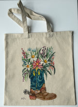 Load image into Gallery viewer, "Spurred into bloom" shopping tote, Cowboy boot with flowers reusable canvas bag
