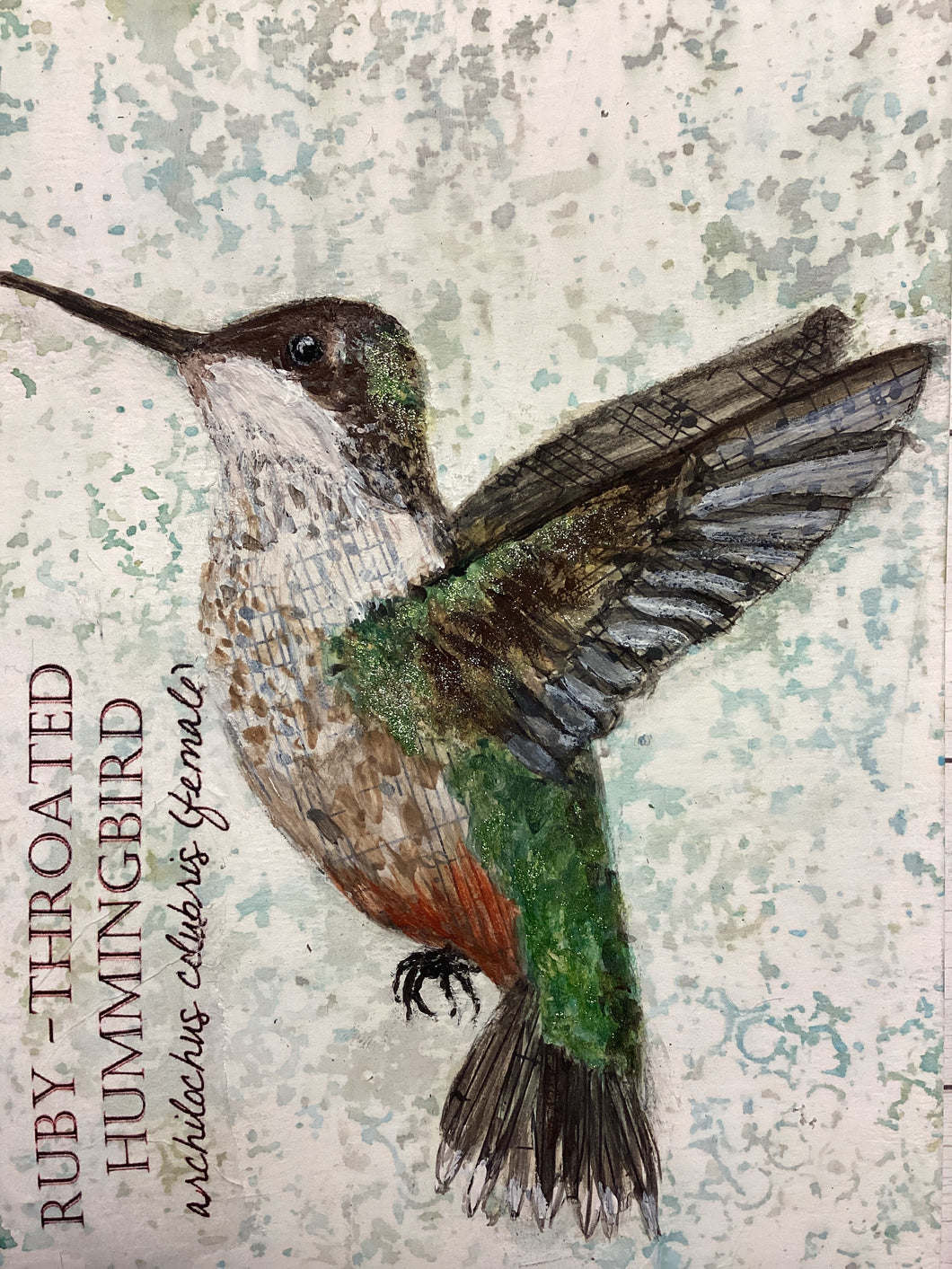 Ruby-Throated Hummingbird (female), 5x7 original mixed media painting, Day 34 of 100