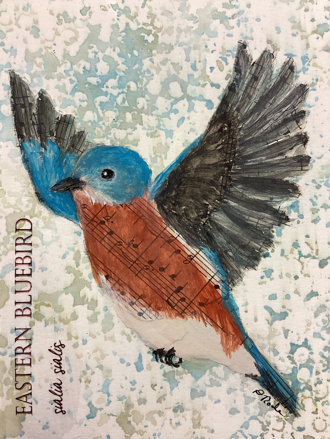 Eastern Bluebird in flight, 5x7 original mixed media painting, 35 of 100