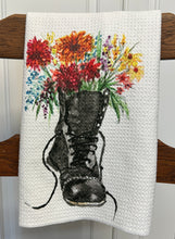 Load image into Gallery viewer, Marching into bloom microfiber kitchen towel, Combat boot with flowers tea towel
