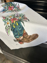 Load image into Gallery viewer, Spurred Into Bloom microfiber kitchen towel, Cowboy boot with flowers tea towel
