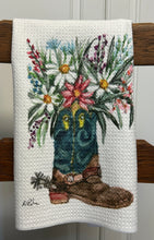 Load image into Gallery viewer, Spurred Into Bloom microfiber kitchen towel, Cowboy boot with flowers tea towel
