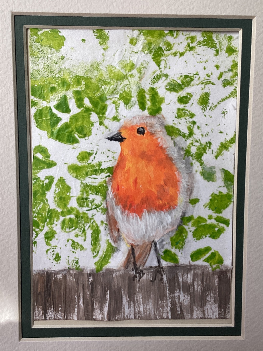 European Robin 5x7 original mixed media painting on paper with mat.  Day 1 of 100