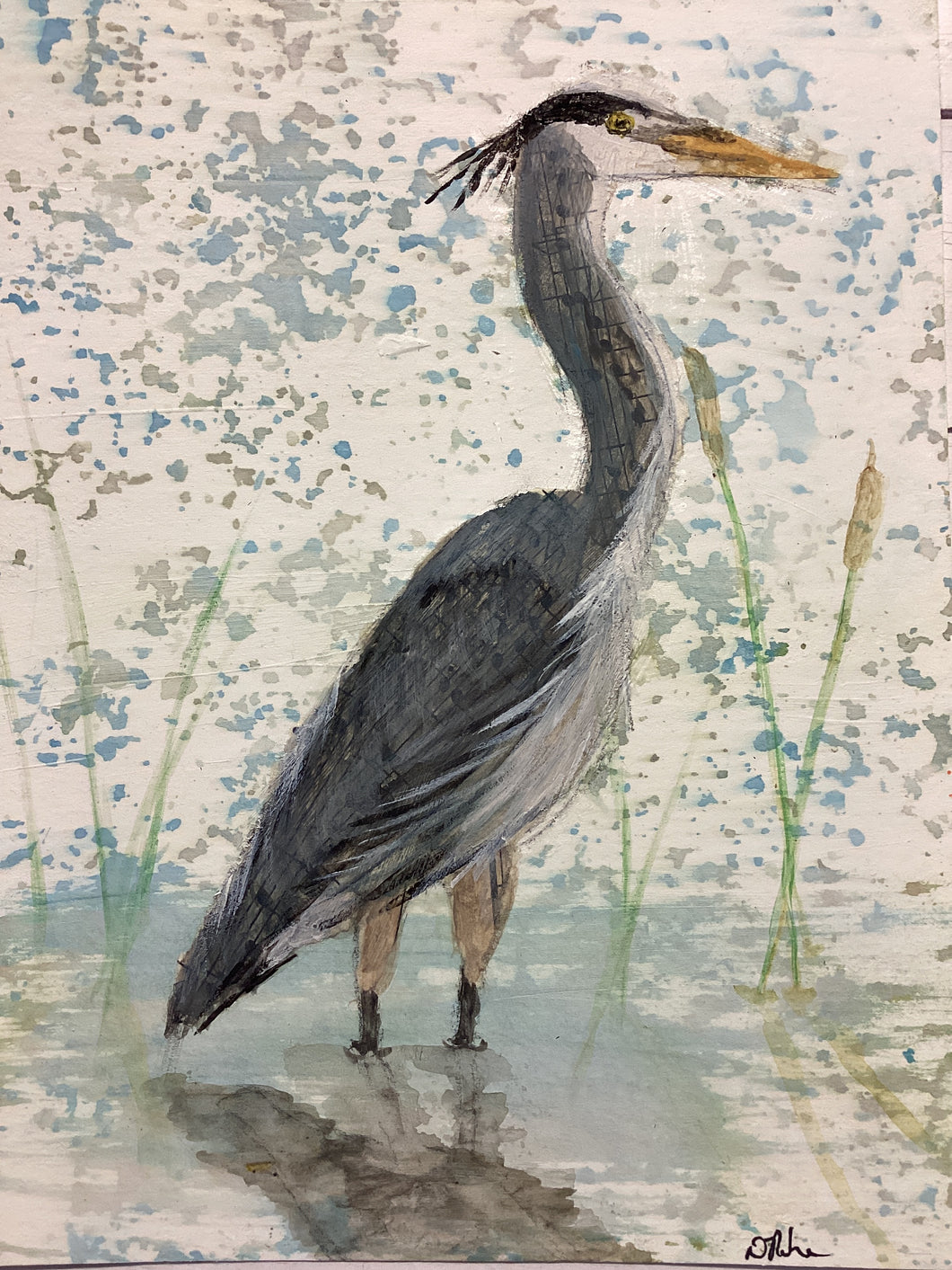 Great Blue Heron, 5 x7 original mixed media painting, Day 21 of 100