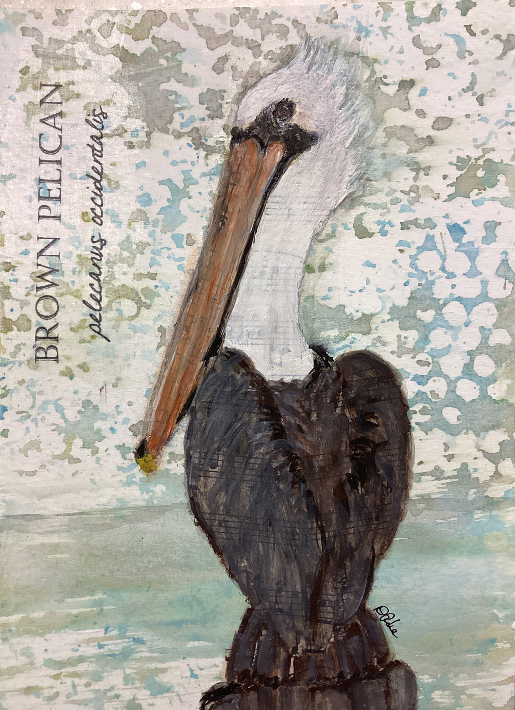 Brown Pelican, 5x7 original mixed media painting, Day 24 of 100