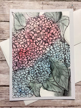 Load image into Gallery viewer, Hydrangeas  blank greeting card featuring my mixed media artwork
