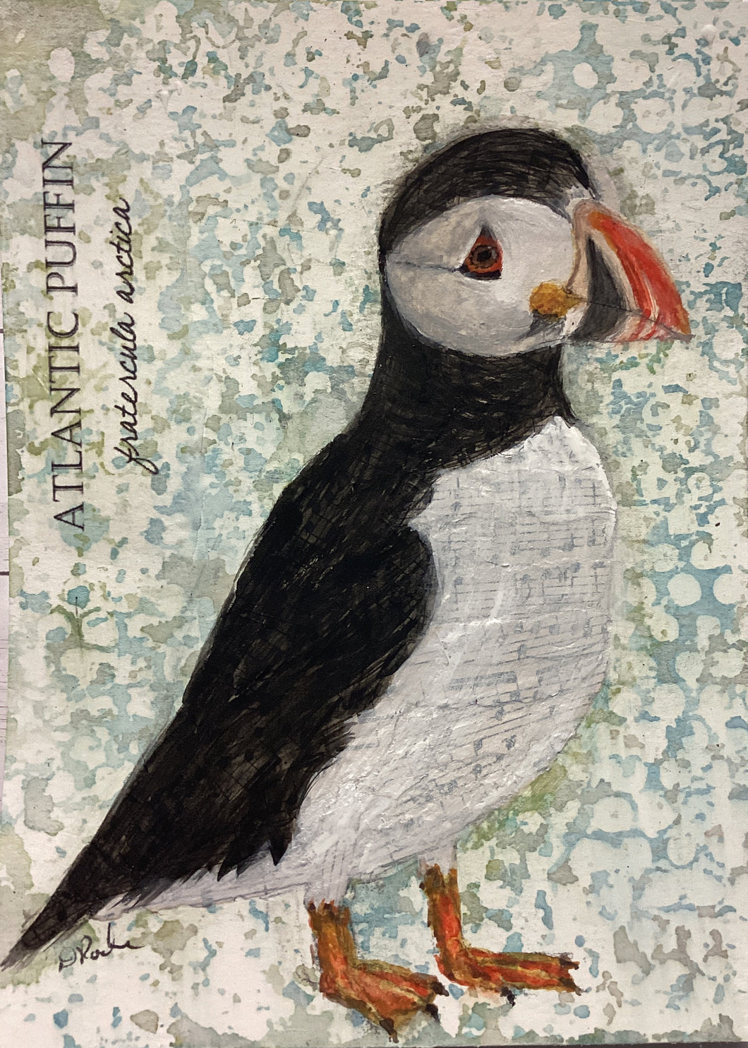 Atlantic Puffin, 5x7 original mixed media painting, 90 of 100